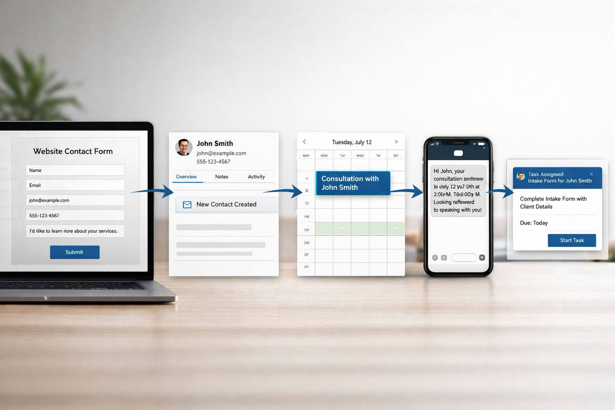 A website contact form feeding lead details into a CRM interface, with an automated sequence shown as connected steps: a new contact record, a consultation booking on a calendar, a text message notification, and an intake task card appearing in the workflow.