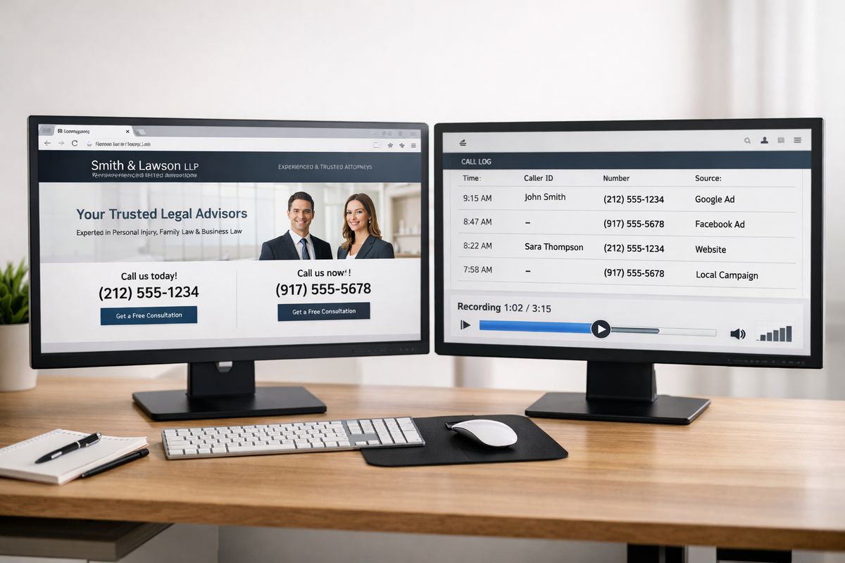 A desktop browser window showing a law firm website with different phone numbers displayed on two versions of the same landing page, alongside a second screen with a call log and recording playback controls that connect each inbound call to a source