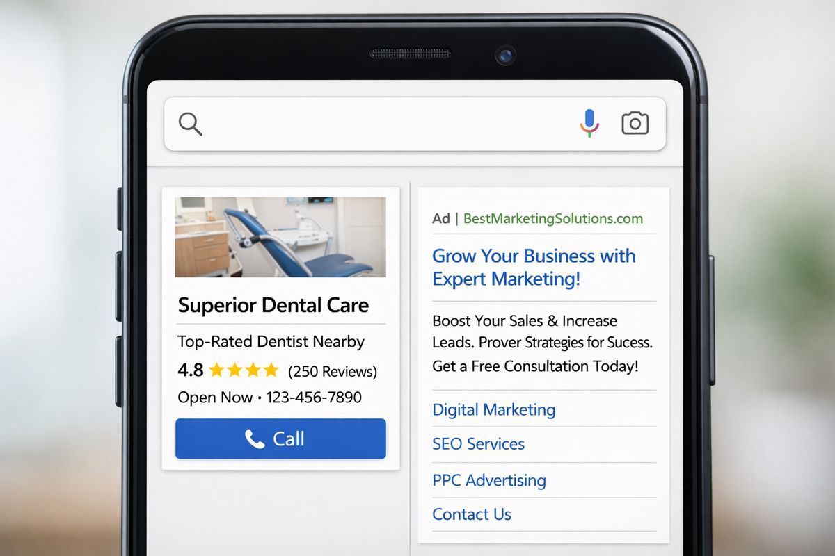 A split-screen style search results page on a smartphone showing a compact local ad unit with review stars and a call button on one side, and a standard search ad block with multiple lines of ad copy and site links on the other, both viewed in a browser-like interface