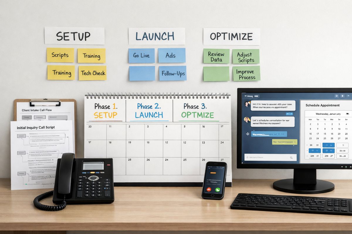 A law-firm intake setup workspace with printed call-flow sheets, a calendar marked in three phases, a desk phone, a smartphone, and a computer screen showing a chat conversation and appointment booking interface, with sticky notes arranged into setup, launch, and optimization groups.