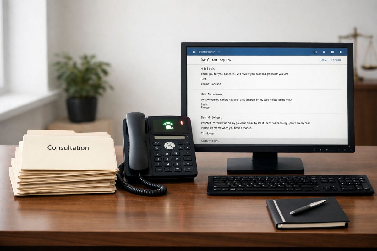 A calm law office reception desk with a stack of consultation folders, a ringing desk phone, and a follow-up email thread open on a monitor showing an unanswered inquiry waiting for a response