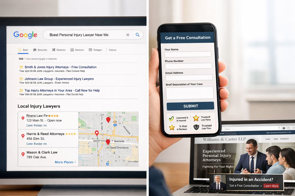 A split-view scene showing a Google search results page on one side with local lawyer-related queries and paid listings at the top, and on the other side a mobile screen with a local service lead form and trust badge style placement, alongside a browser window with a law firm website and a smaller retargeting banner ad appearing on a separate webpage.