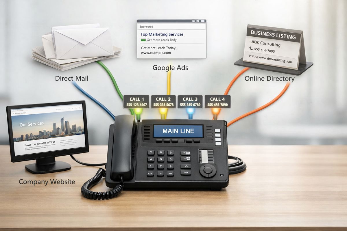 A row of distinct office phone numbers connected to different marketing sources, shown as separate incoming call lines feeding into one firm’s main phone system, with envelopes, search ads, a website page, and a directory listing represented as distinct lead sources around the setup