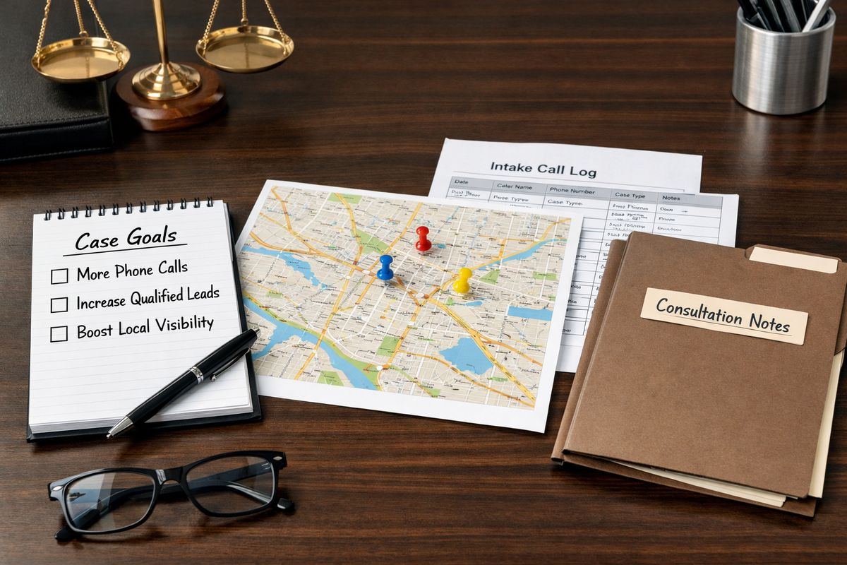 A legal office desk with a notepad listing case goals, a city map marked with pins, printed intake call logs, and a folder of consultation notes, showing a firm comparing different marketing needs like phone calls, qualified leads, and local visibility