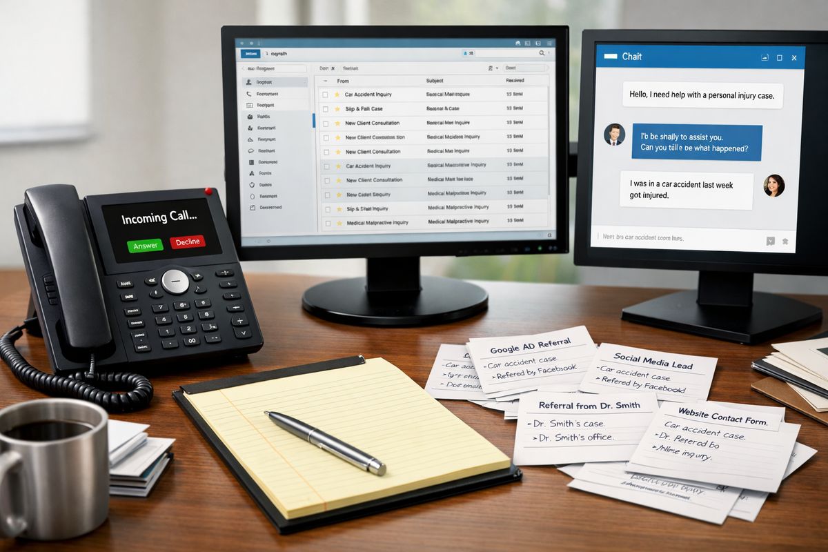A busy law firm intake desk with a ringing phone, an open email inbox on a monitor, a live chat window on another screen, and printed referral notes scattered beside a notepad, showing multiple lead sources arriving at once