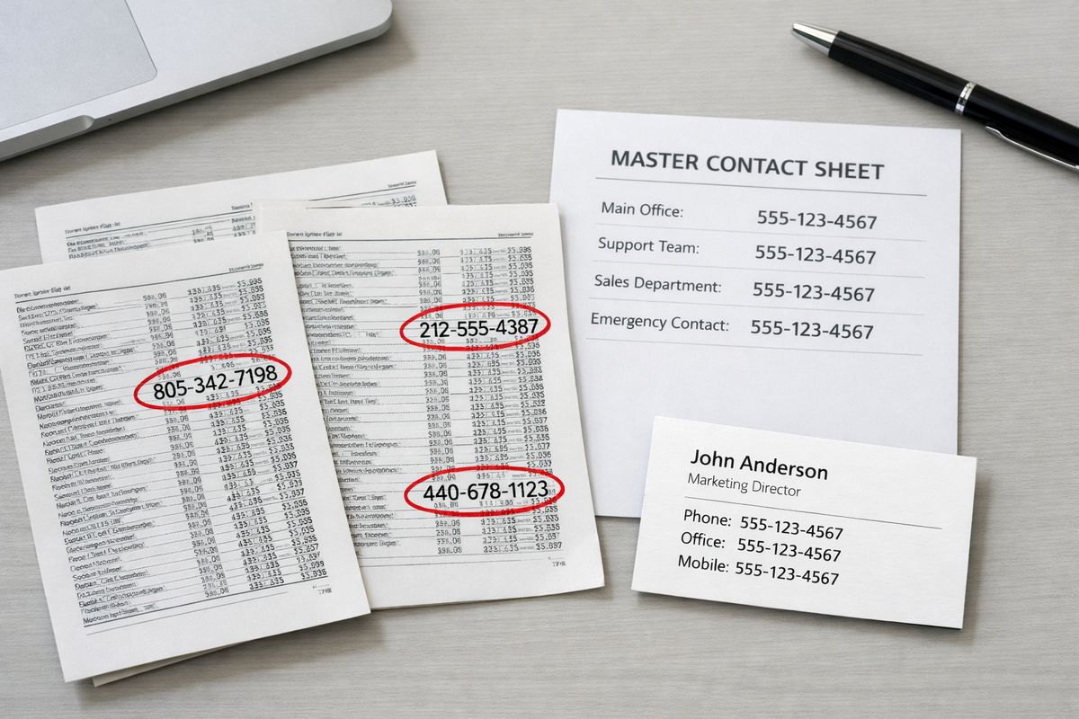 A close-up of a desk with several printed directory listings, each showing a different phone number circled in red ink, alongside a single labeled master contact sheet and a business card with one number repeated consistently