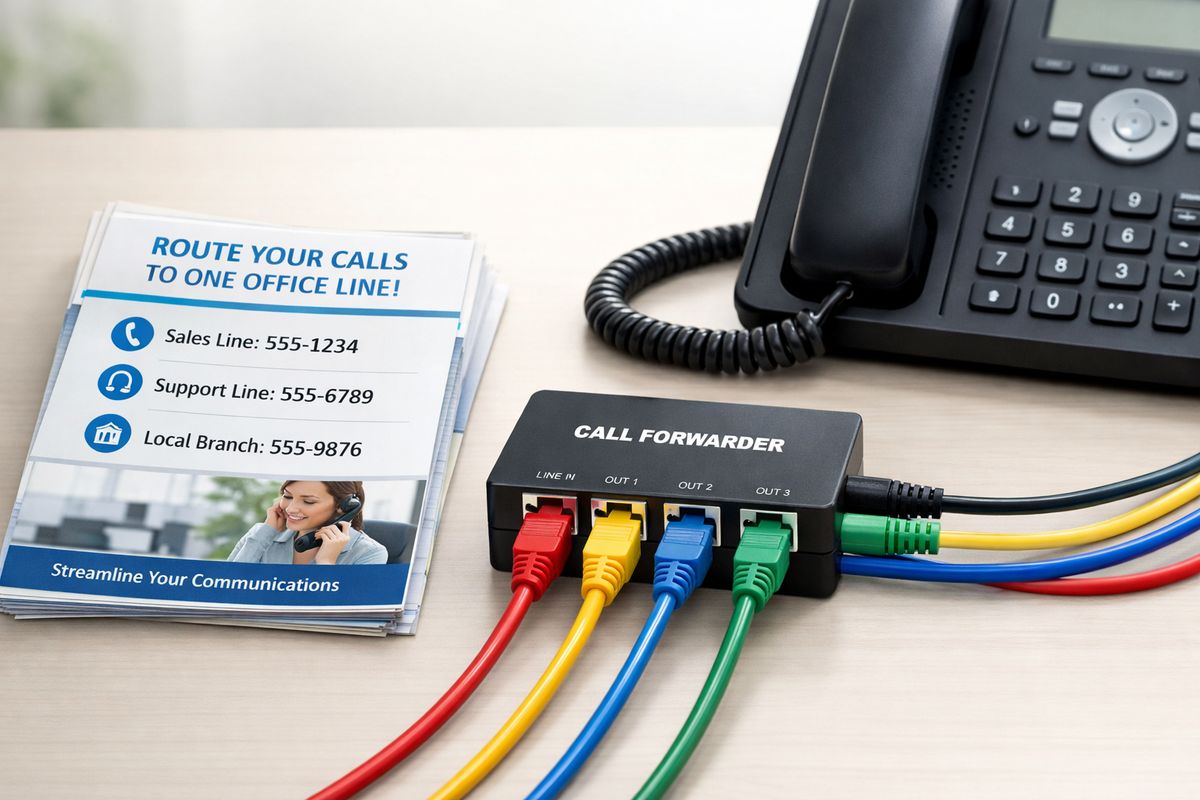 A close-up of a phone system setup with several colored call-routing cables leading into a small call forwarding device, next to a stack of printed marketing flyers and a desktop phone, showing different inbound numbers being routed to one office line.