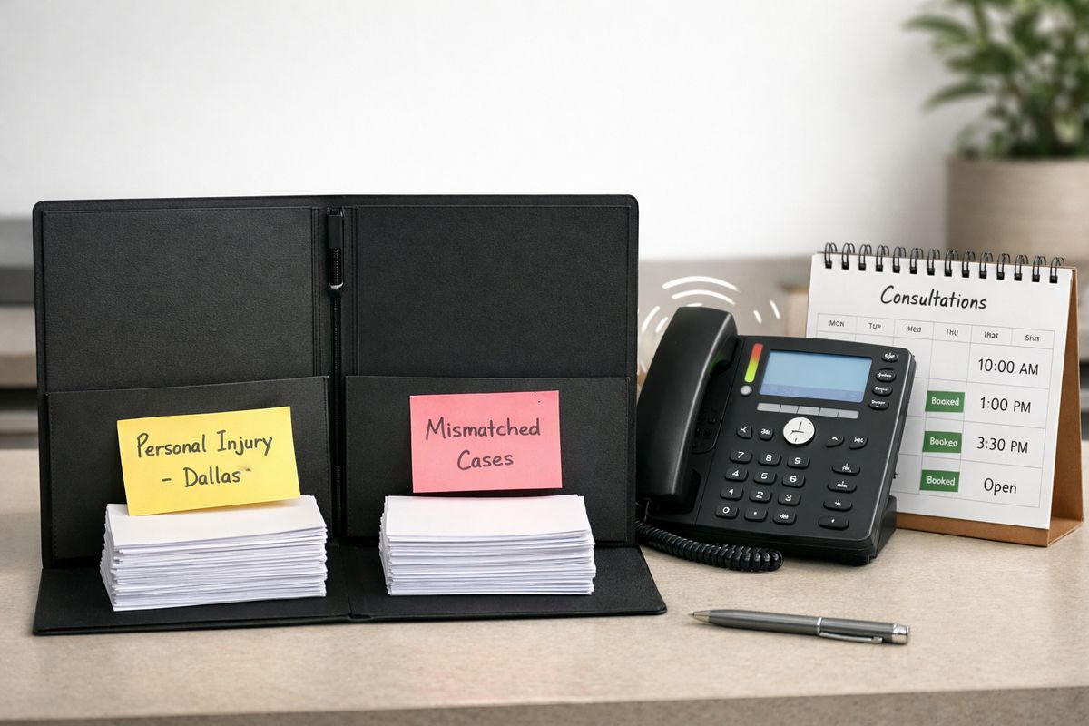 A front desk intake folder with several incoming inquiry cards sorted into two piles, one pile marked by sticky notes for the right practice area and location and another pile set aside as mismatched cases, with a ringing desk phone and a calendar showing consultation slots nearby