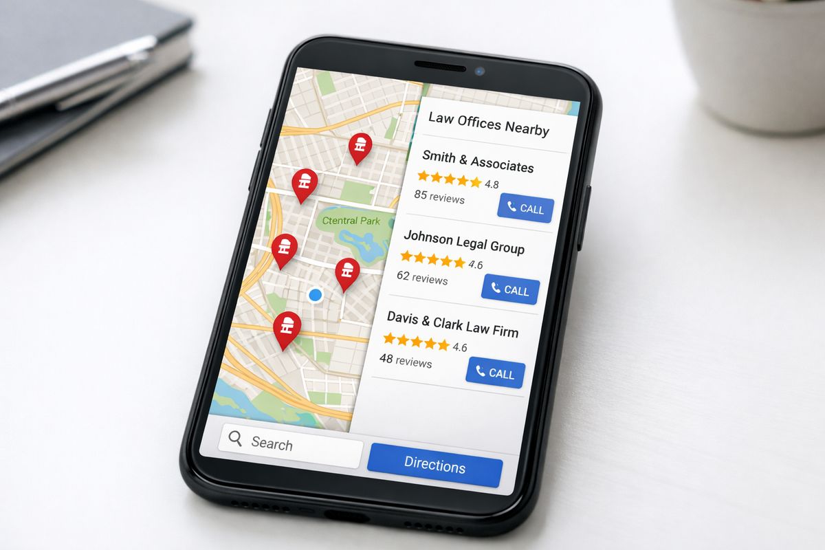 A smartphone showing a map view with several nearby law office pins, alongside a search results panel with a few local firms, star ratings, and a tap-to-call button visible on the screen