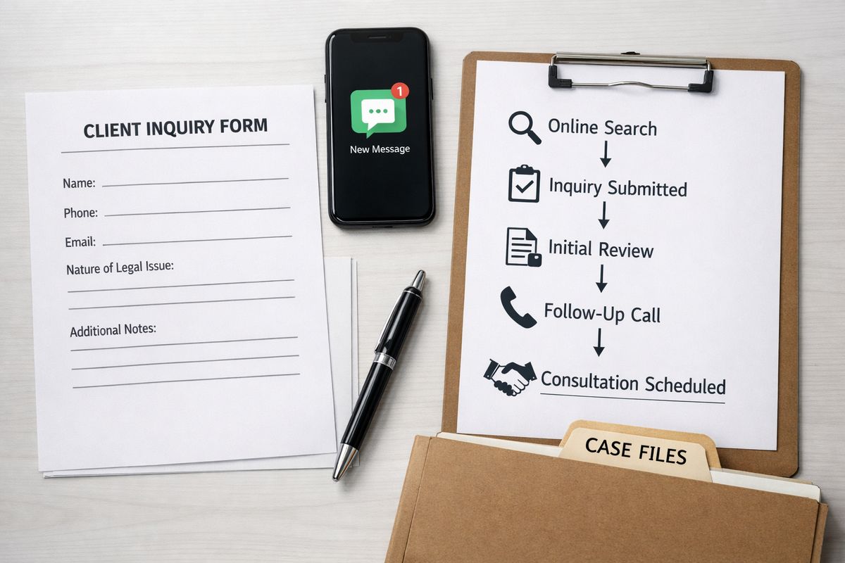 A close-up of a legal intake workflow laid out on a desk: a printed client inquiry form, a phone with an incoming message alert, a checklist with arrows showing the path from online search to consultation, and a pen beside a folder marked with case files.