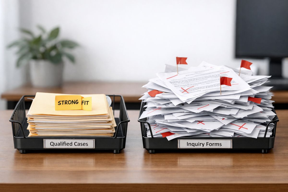 A side-by-side comparison of two intake trays on a desk: one small stack of case files with sticky notes marked as strong fits, and one much larger pile of scattered inquiry forms, many with crossed-out notes and red flags, showing the difference between fewer qualified matters and a flood of weak inquiries.