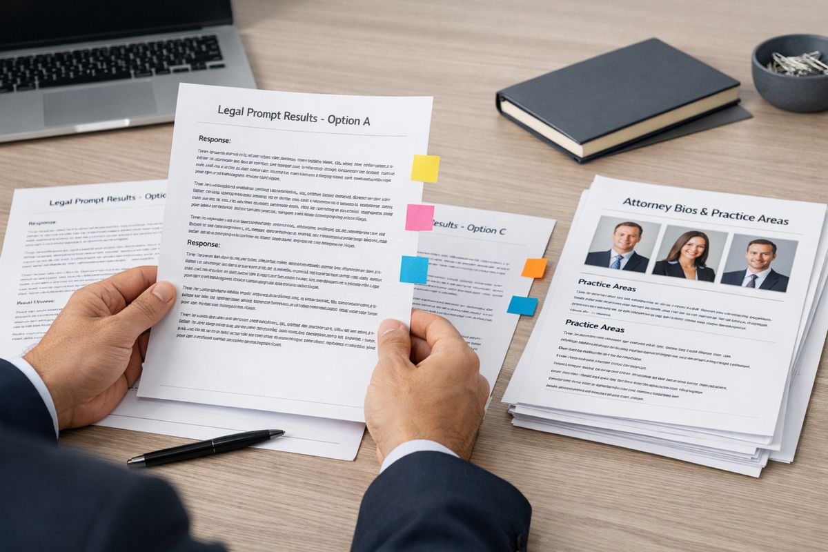 A person reviewing a printed set of legal prompt results laid out on a desk, with multiple sheets showing different AI answer variations marked by colored sticky tabs, alongside a stack of attorney bios and practice area pages