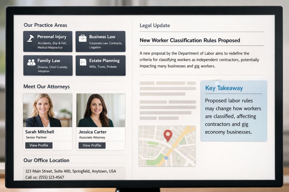 A close-up view of a law firm website page layout on a screen with clear practice-area sections, attorney bios, office location details, and an article excerpt being summarized into a short answer panel beside it, showing how machine-readable content can be extracted from structured pages