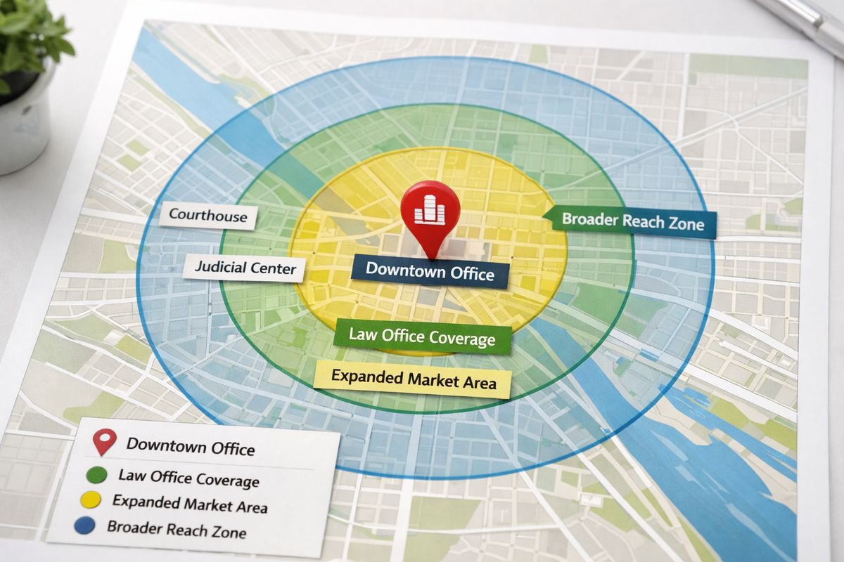 A city map with a highlighted downtown office pin, nearby courthouse blocks, and three overlapping circular zones showing proximity and market coverage around different law offices