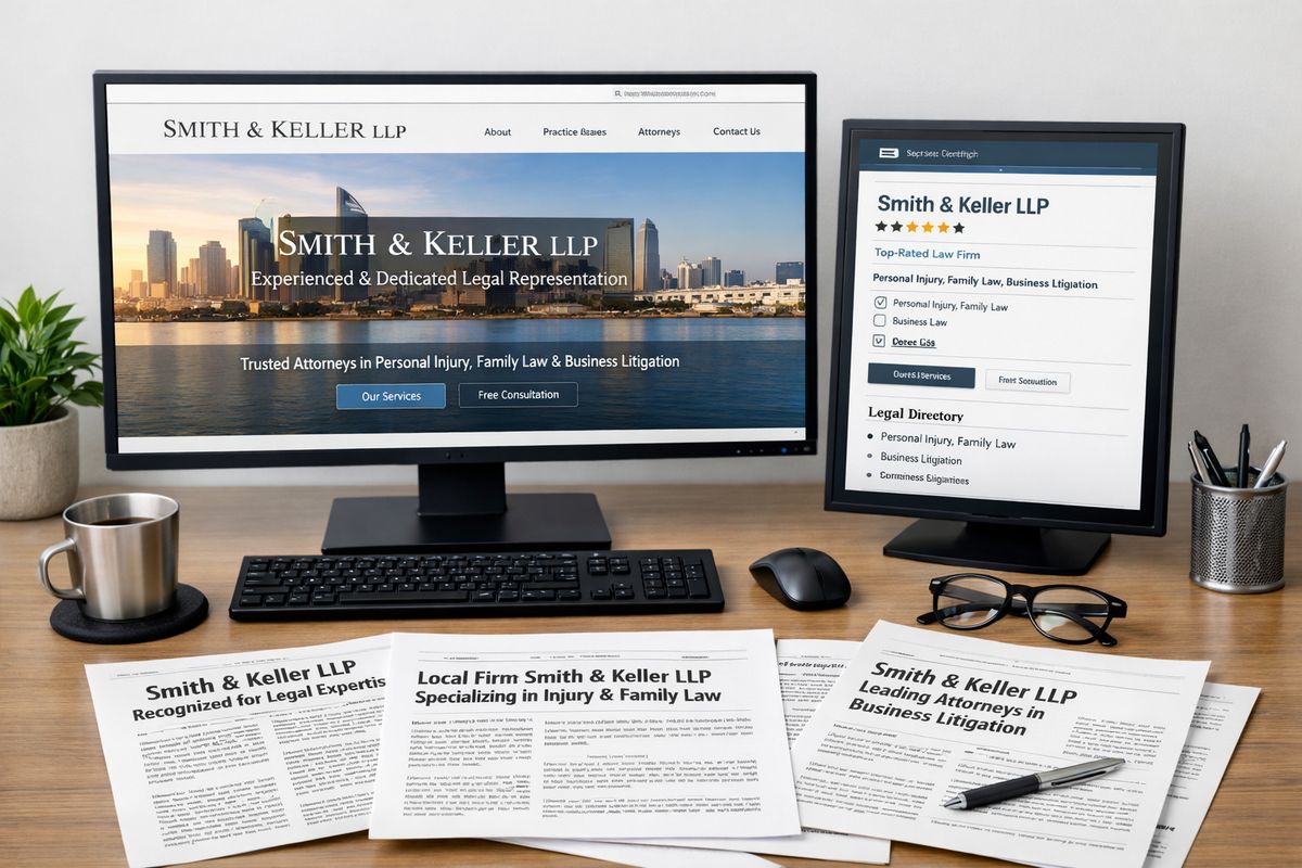 A tidy desktop arrangement with a law firm website open on one screen, a legal directory profile on another, and printed pages from local news articles, showing the same firm name and practice areas repeated across multiple sources