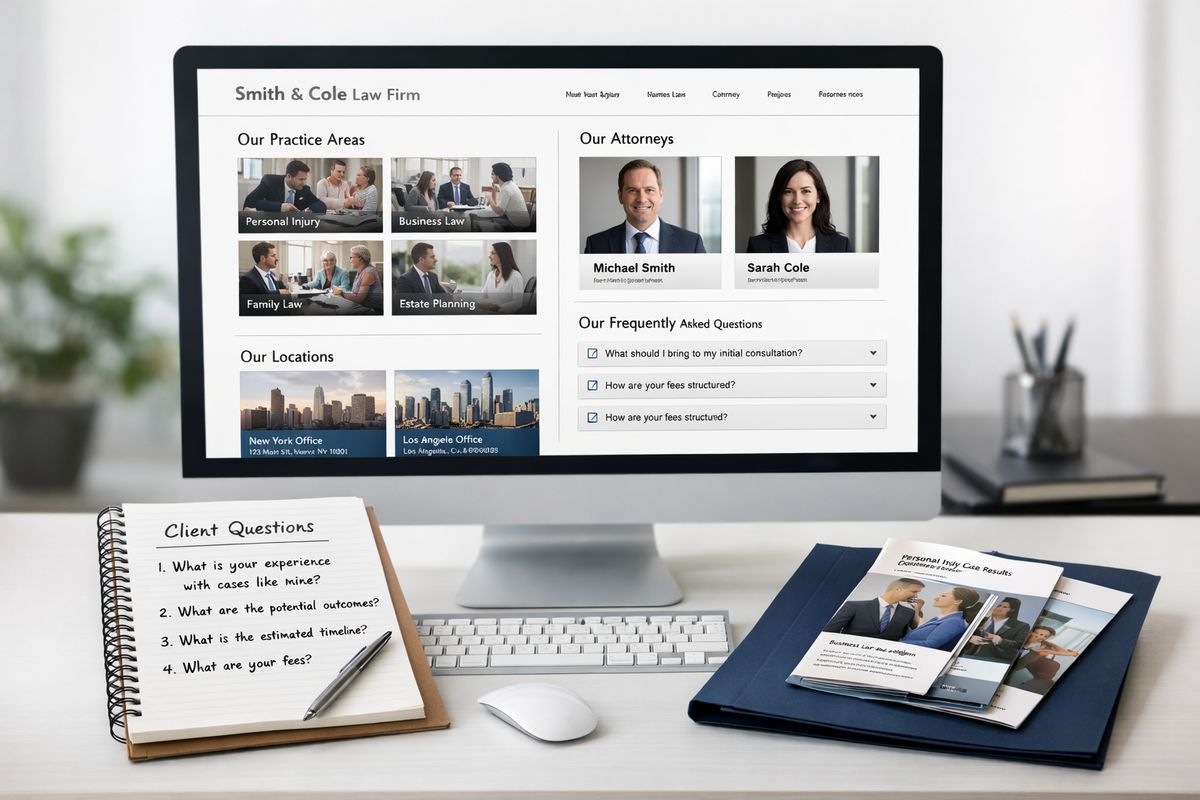 A clean law firm website displayed on a desktop monitor showing practice-area pages, attorney bios, location details, and FAQ-style content, with a notebook of outlined client questions and a folder of printed case brochures beside it