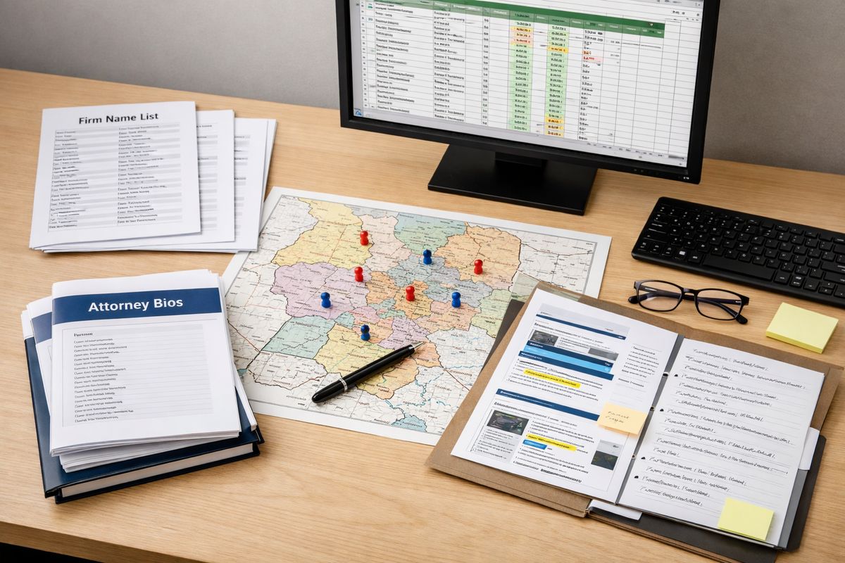 A neatly arranged audit workspace with printed firm name lists, a stack of attorney bios, a county map with several locations marked, a spreadsheet open on a monitor, and a separate folder of screenshots and citation notes spread across the desk