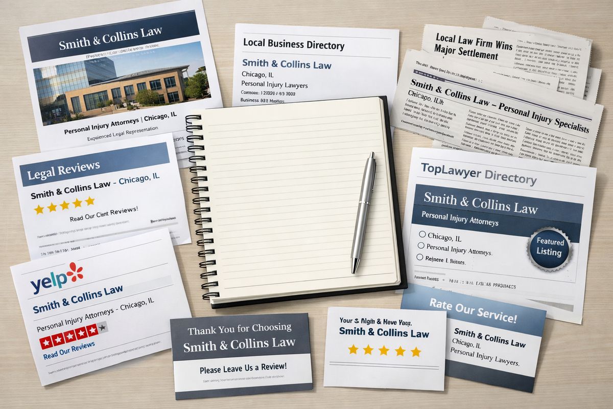 A desk covered with printed law firm website pages, local business directory listings, review cards, and newspaper clippings spread around a notebook, showing different sources that all point to the same law firm name, location, and practice area.