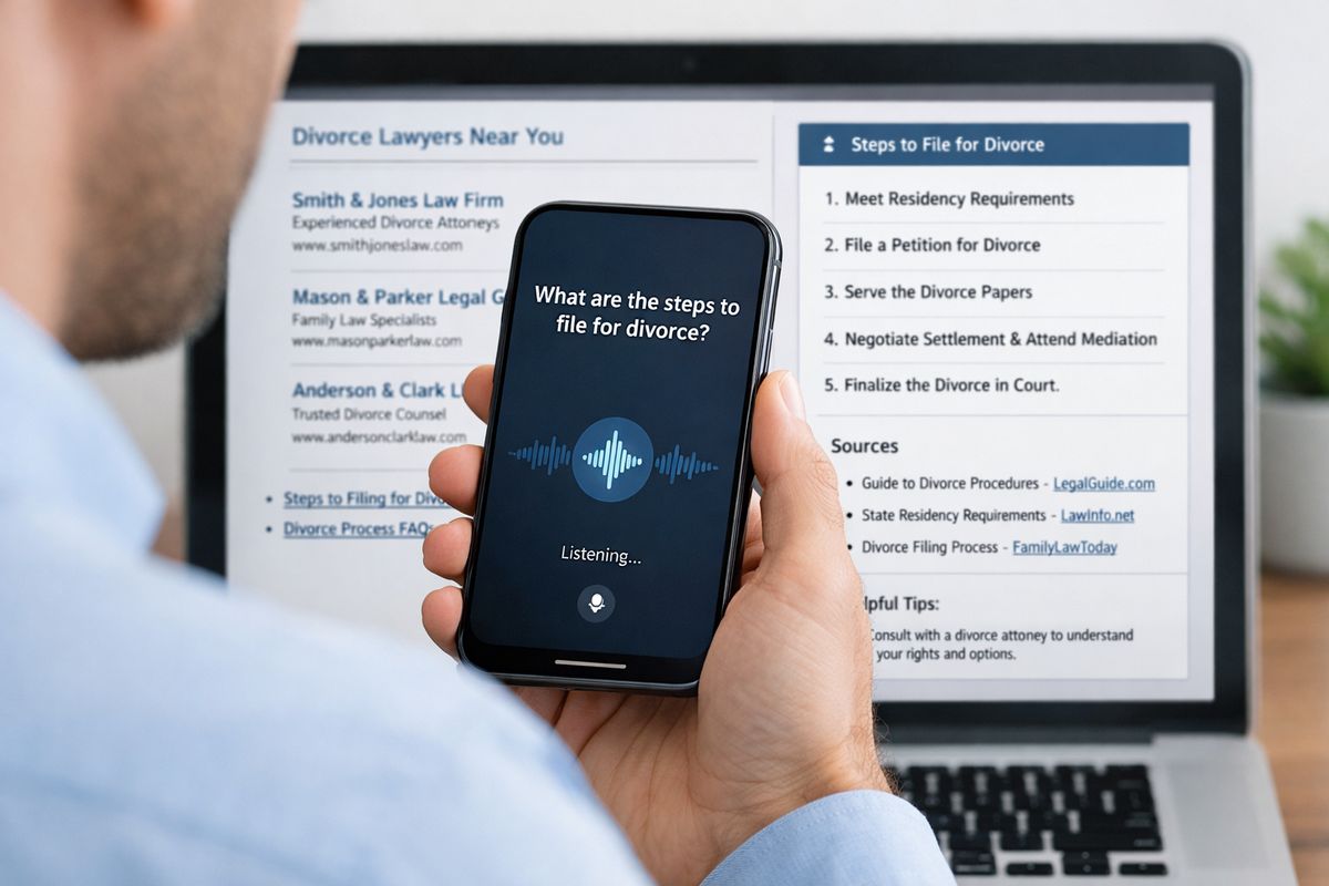 A split-view scene showing a person asking a legal question into a voice search interface on a phone while a search results page and an AI-generated answer panel display law firm names, summarized guidance, and cited sources side by side