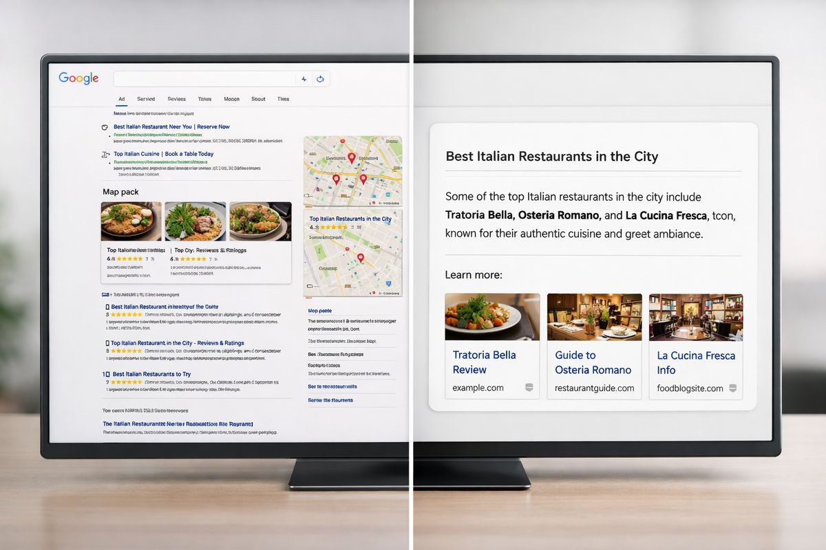 A split-screen search view showing a crowded Google results page with a map pack, sponsored listings, review stars, and multiple organic links beside a clean AI answer panel with a short synthesized response and a few cited source cards