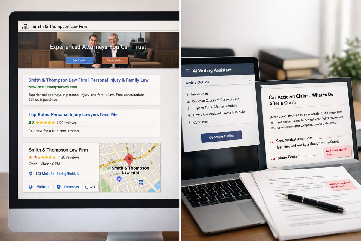 A split visual showing a law firm's website pages on one side with search engine result cards and a local map listing, and on the other side an AI writing interface generating an article outline beside a document with drafted legal content and edited notes