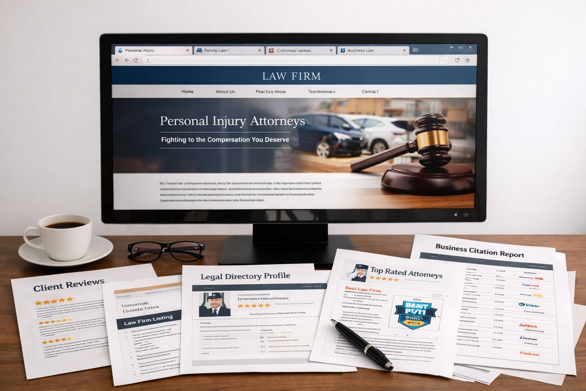 A law firm website shown on a desktop monitor with several detailed practice-area pages open in overlapping browser tabs, alongside printed review pages, directory listings, and citation records spread across a desk, suggesting the slow buildup of online trust and visibility.