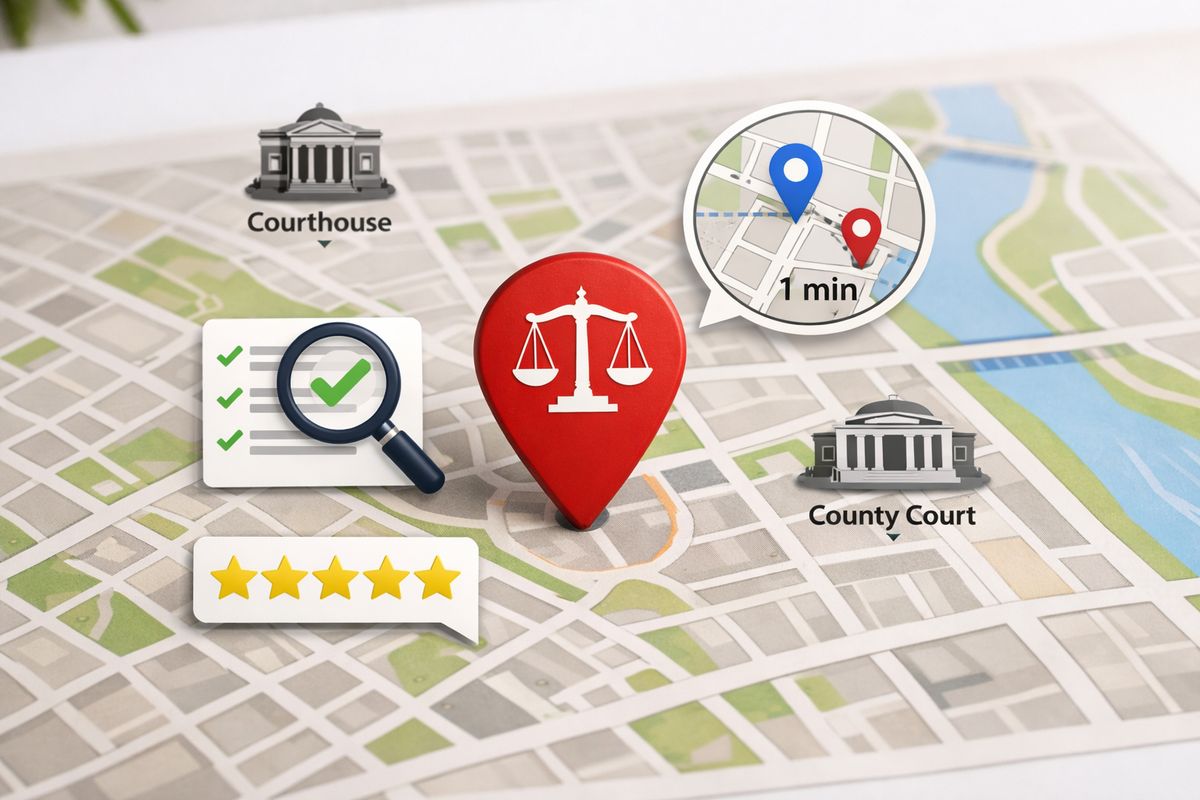 A city map with a highlighted law office pin, nearby courthouse buildings, and three visual cues around the pin showing a search match, geographic proximity, and reputation, such as review stars, directory cards, and local landmark icons