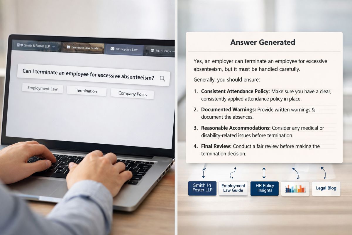 A split-screen view of a legal query being entered into a search interface on one side and a generated answer on the other, with several source pages and law firm profiles feeding into the response flow