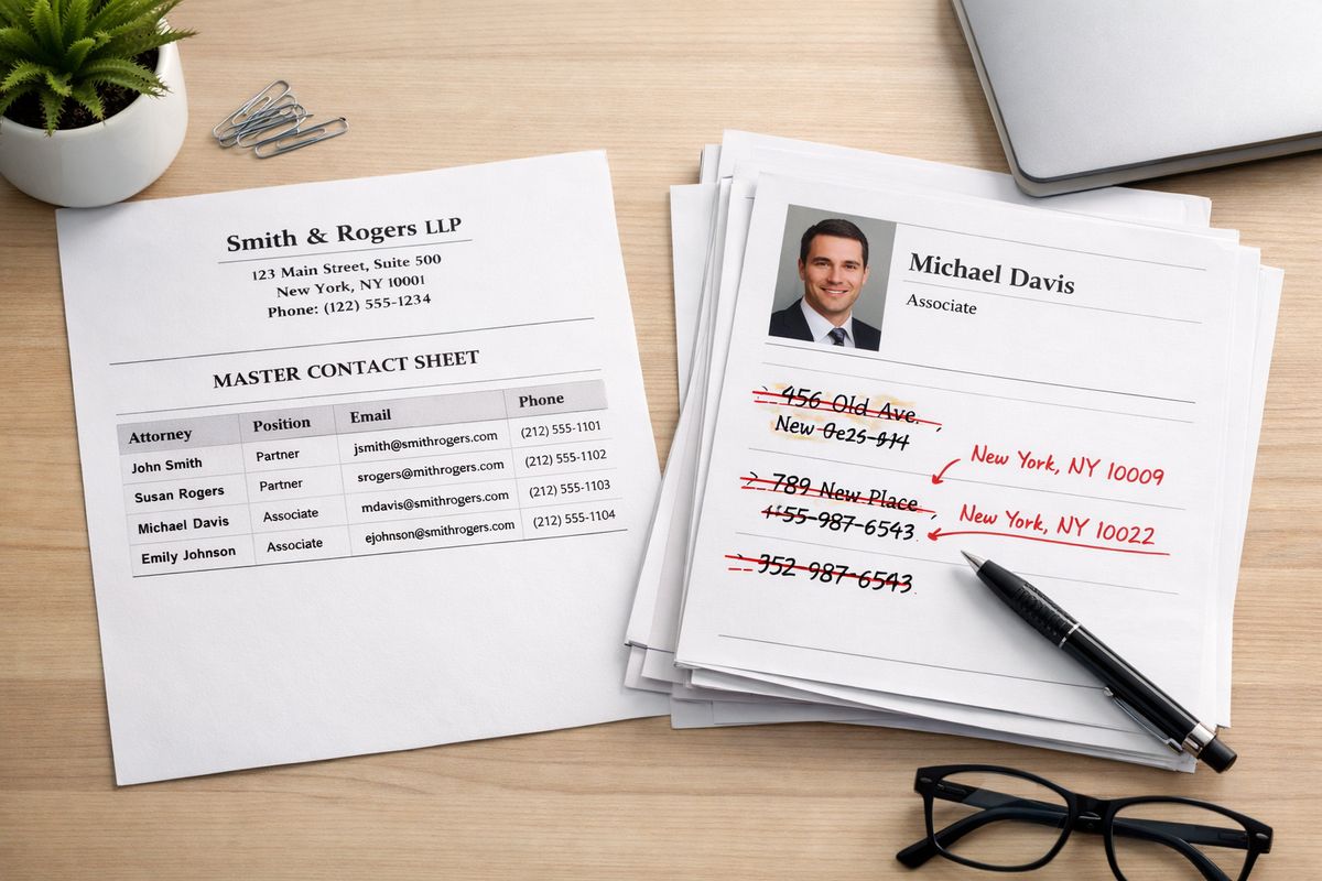 A neat desk scene with a printed master contact sheet showing one firm name, one address, one phone number, and attorney details, alongside a stack of directory profile pages with crossed-out outdated addresses and a pen marking corrections