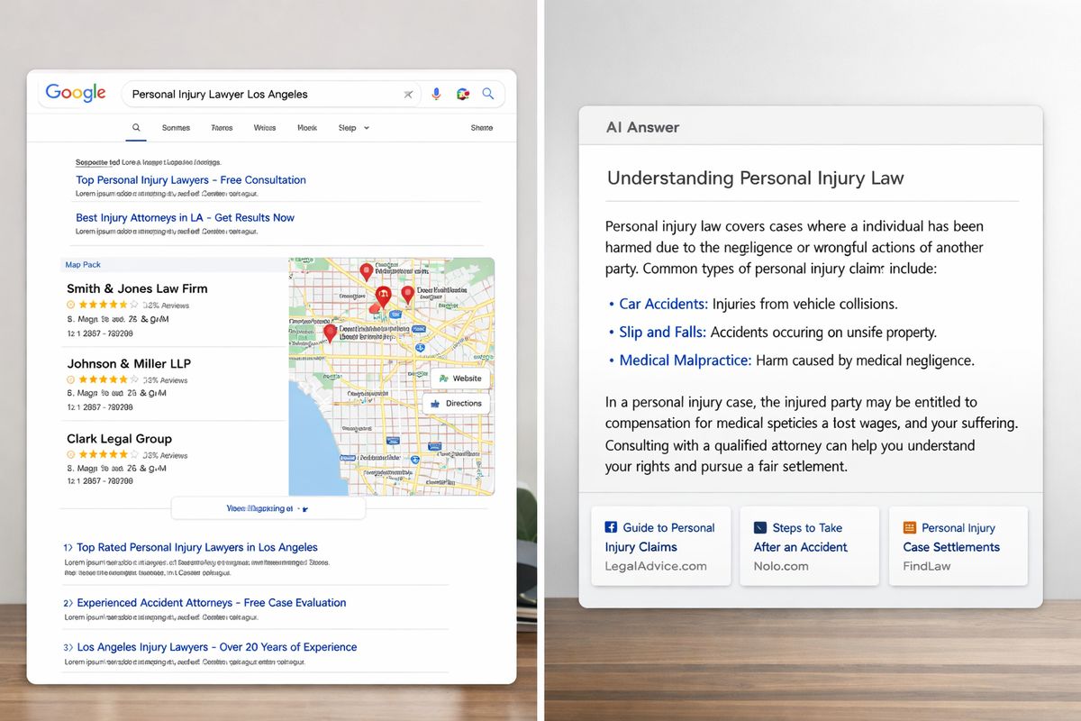 A split composition showing a Google search results page with a local map pack, paid ads, and multiple organic listings for a law firm on one side, and on the other side a single AI answer panel summarizing a legal topic with a few cited source cards beneath it