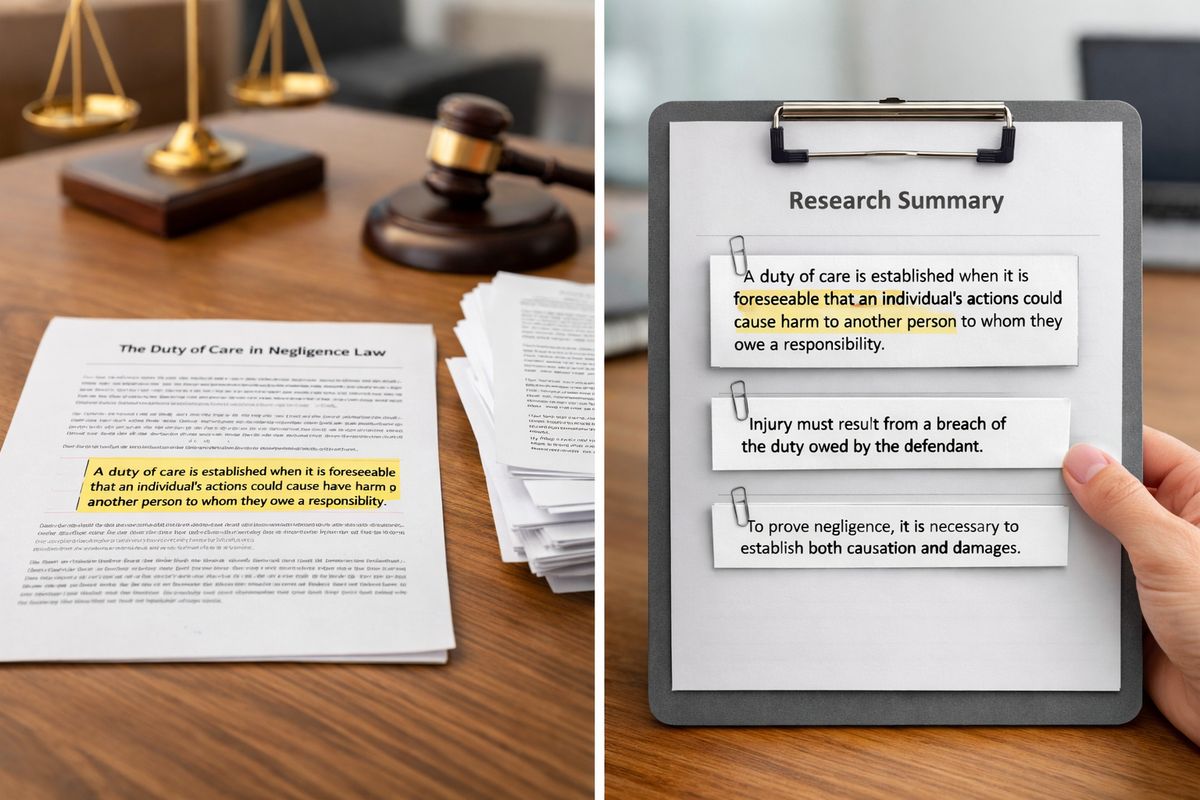 A split-screen courtroom-adjacent research scene with one legal article printed on a desk and a stack of other source pages beside it, with a highlighted paragraph being pulled out and clipped onto a summary sheet, showing how an AI system might extract small passages from multiple legal sources.