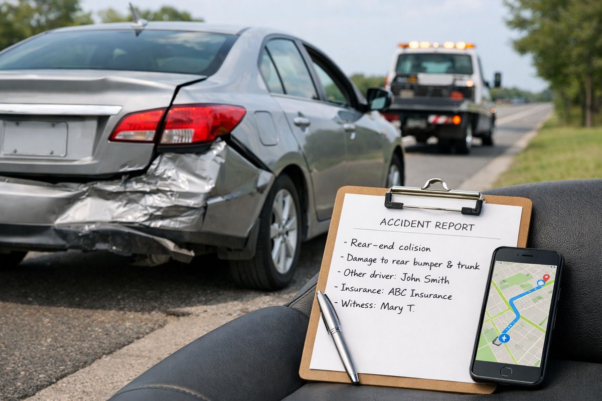 A damaged sedan stopped at the side of a road after a rear-end collision, with a bent rear bumper, an open glove compartment, a tow truck in the distance, and a clipboard showing handwritten accident notes beside a phone displaying a map route