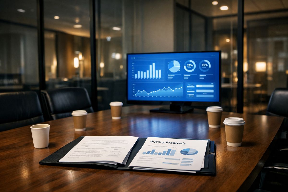 A glass-walled conference room at night with a walnut table, scattered paper coffee cups, an open folder of agency proposals, and a glowing monitor showing clean blue charts and campaign graphs while dim hallway light spills in from outside