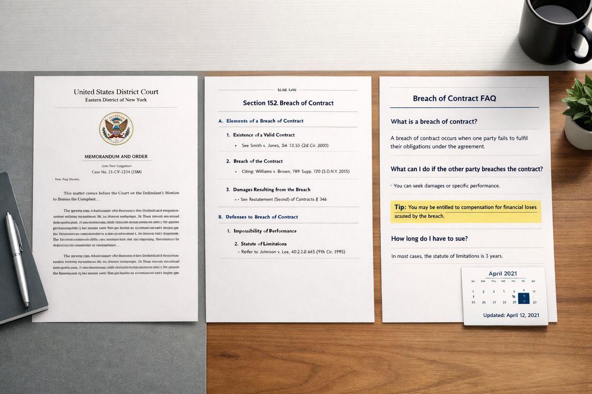 A split tabletop scene with three printed law pages side by side: one from a court website with a simple official seal, one from a legal publisher with neatly organized headings and citations, and one from a law firm page with clear question-and-answer sections, a highlighted passage, and a calendar showing a recent update date.