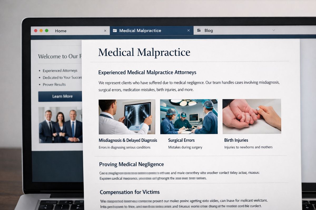 A law firm website open to a practice area page about medical malpractice, with a separate homepage and blog page visible in nearby browser tabs, emphasizing how the focused service page contains detailed case-specific content while the other pages stay broader and less specific