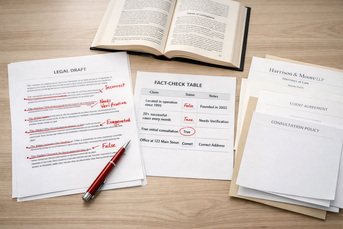 A printed legal draft spread across a desk beside a fact-check table on paper, with a red pen marking individual claims, a statute book open to a relevant page, and a stack of firm documents used to verify office details and consultation terms