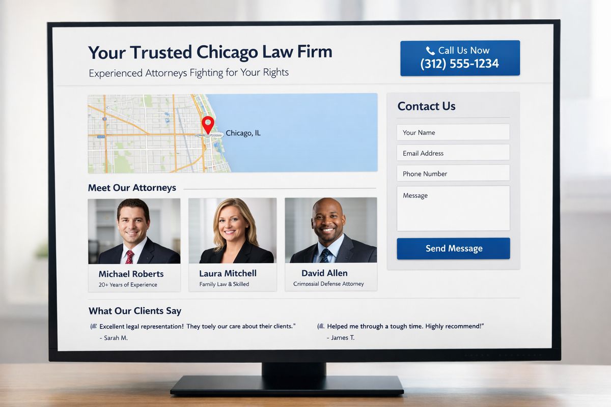 A clean website page mockup on a screen showing a city-specific law firm landing page layout, with a prominent local headline, a map inset, attorney profile cards, review snippets, and a visible contact form beside a phone number button
