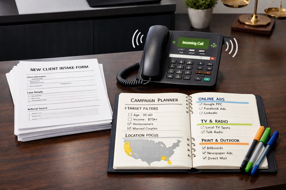 A law firm intake desk with a stack of new inquiry forms, a phone ringing beside it, and a campaign planner spread open with narrow target filters, highlighted locations, and different ad channel options arranged in separate sections.