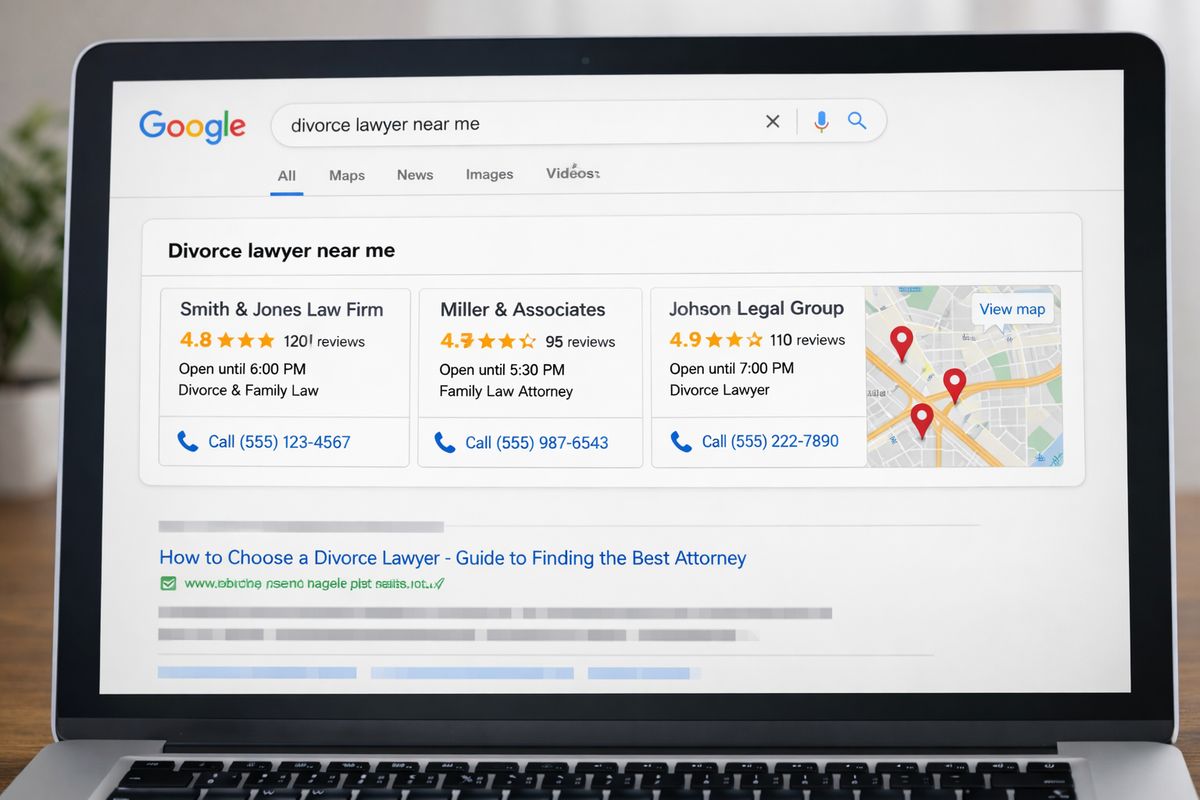 A Google search results page on a desktop screen showing a local lawyer service card above standard search results, with star ratings, business hours, a phone call button, and a map preview beside it