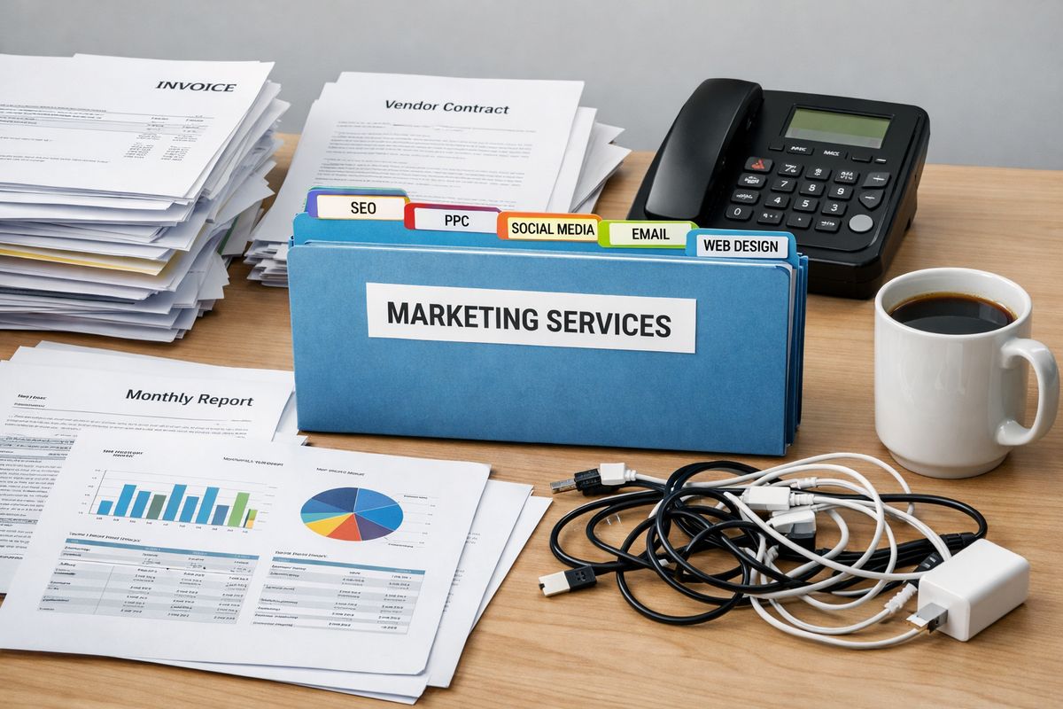 A cluttered desk covered with stacks of invoices, multiple vendor contracts, a call tracking device, printed monthly reports, and several tangled charging cables, with one folder labeled by different marketing service categories and a coffee mug nearby