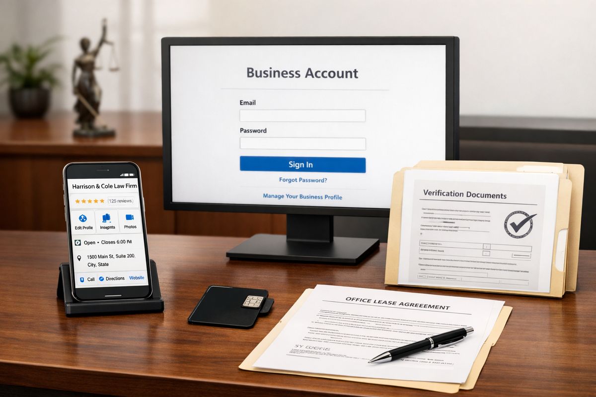 A legal office front desk with a smartphone open to a business listing panel, a company-owned account access screen on a monitor, and a folder of printed verification documents beside a keycard and office lease paperwork