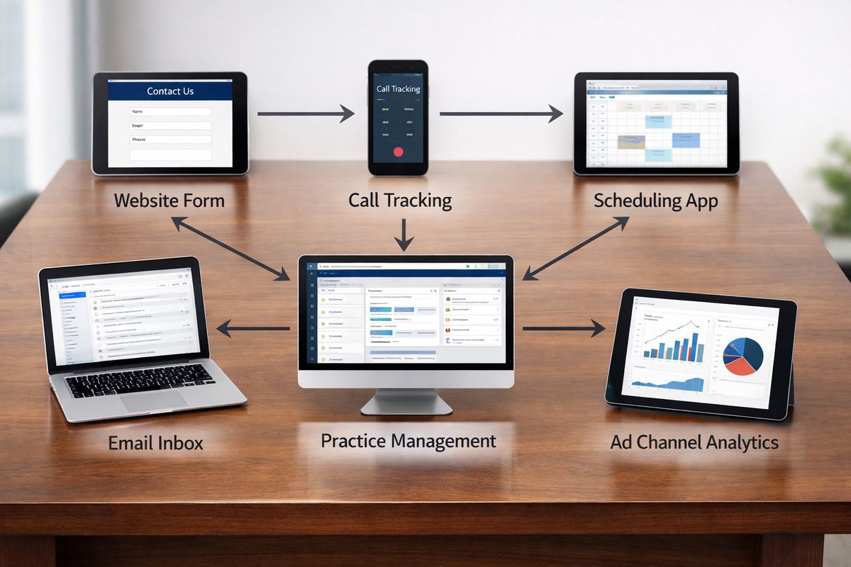 A table with a law firm tech stack mapped out as connected tools: a website form, call tracking system, scheduling app, email inbox, practice management platform, and ad channel analytics, linked by arrows to show how a lead moves through intake.