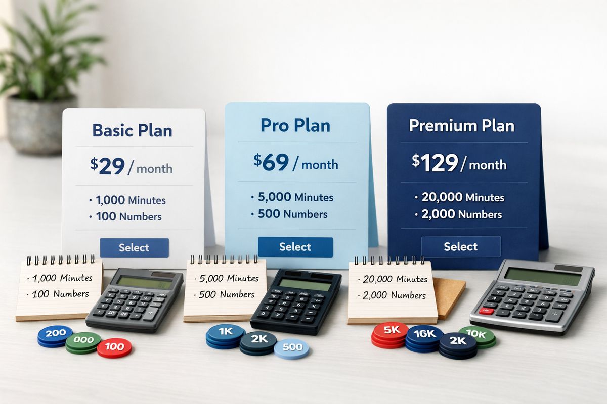 A pricing comparison scene with three stacked software plan cards on a clean desk, each card paired with a calculator, a notepad listing minute caps and number counts, and a small bundle of phone number chips to suggest different monthly tiers