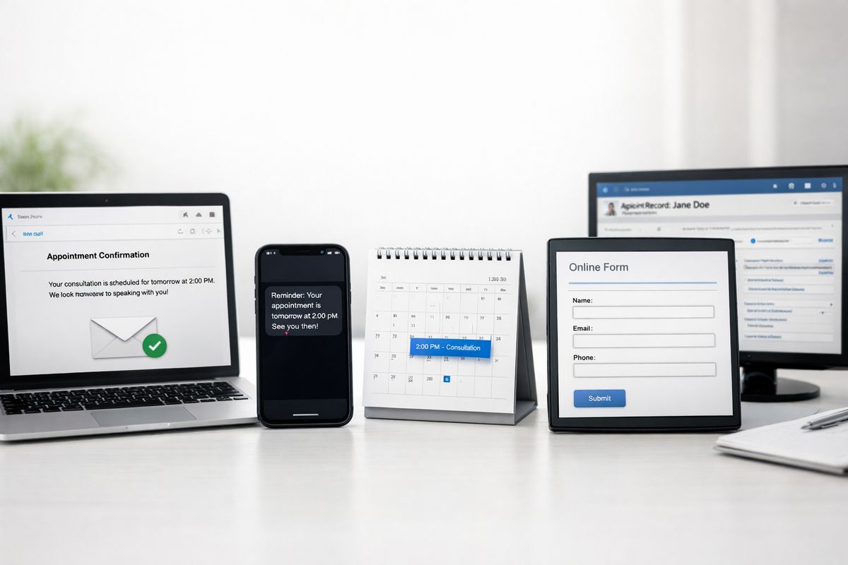 A workflow of connected intake tools shown side by side: an email service sending a confirmation message, a smartphone displaying a brief text reminder, a calendar with a consultation time slot selected, and a web form submission feeding into a CRM record on a separate screen.