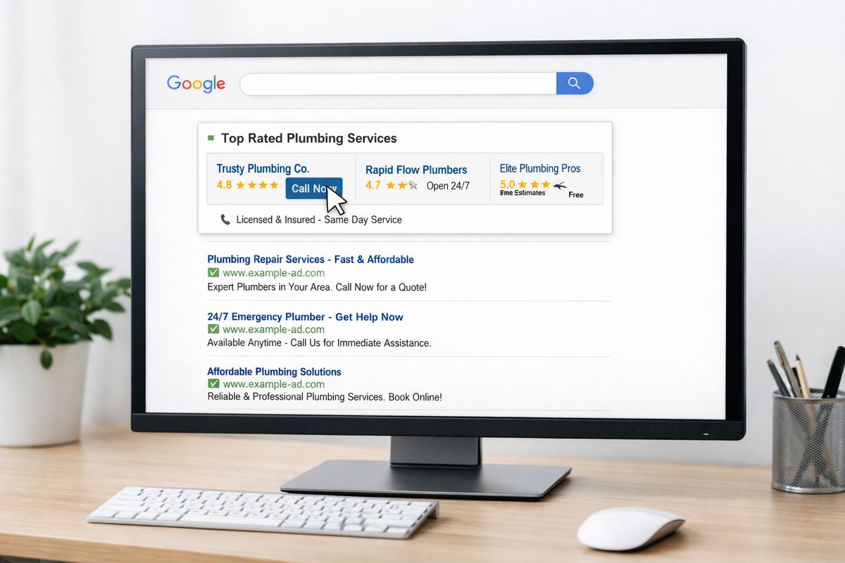 A desktop monitor displaying a search results page with a prominent local service listing at the very top, followed by several traditional text ads lower on the page, with a mouse cursor hovering near the top listing to suggest quick selection