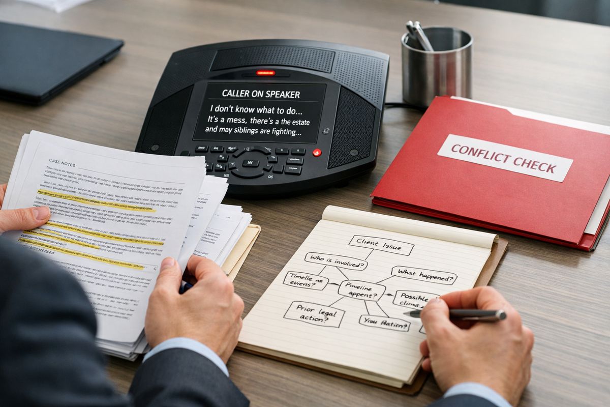 A tense law firm intake scene with a caller on speakerphone describing a complicated legal situation while an attorney or intake specialist reviews a stack of case notes, a conflict-check folder, and a notepad filled with branching questions, capturing the handoff from automated triage to human judgment