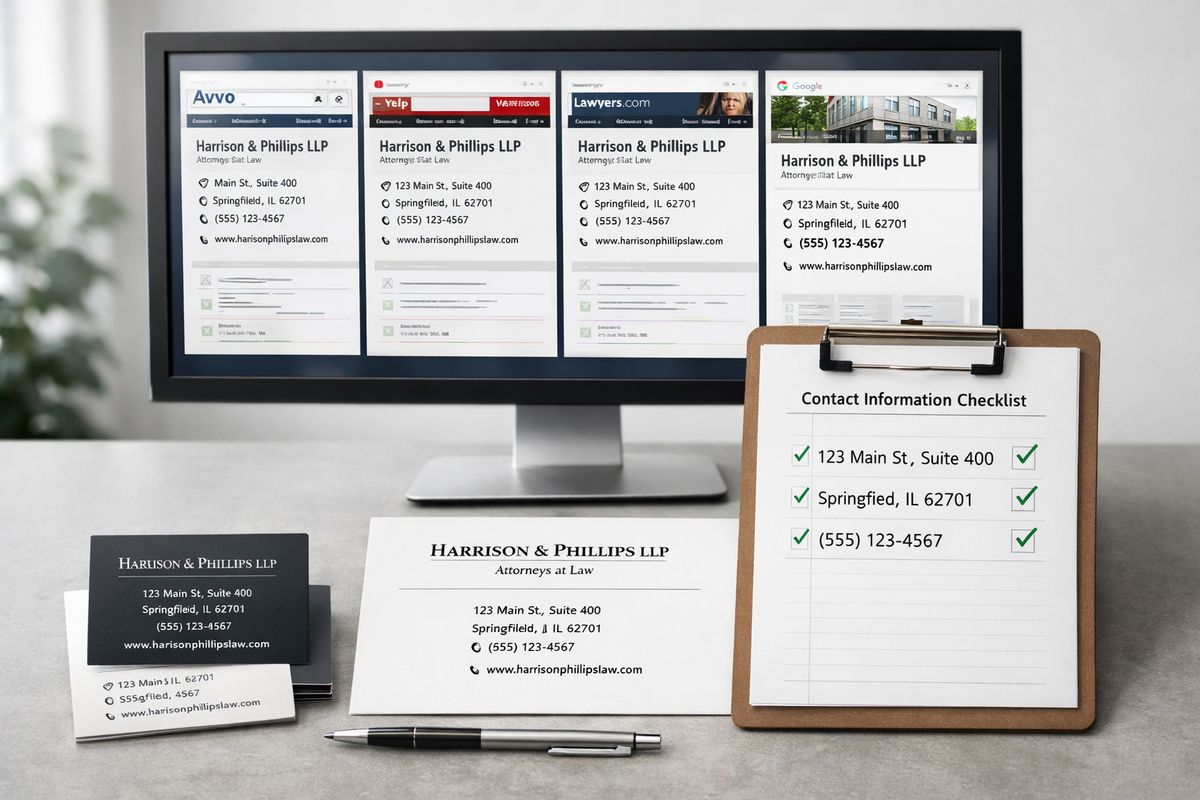A desktop monitor showing several directory listing pages for the same law firm alongside printed contact cards, an office letterhead, and a checklist with matching address and phone details being compared across the materials