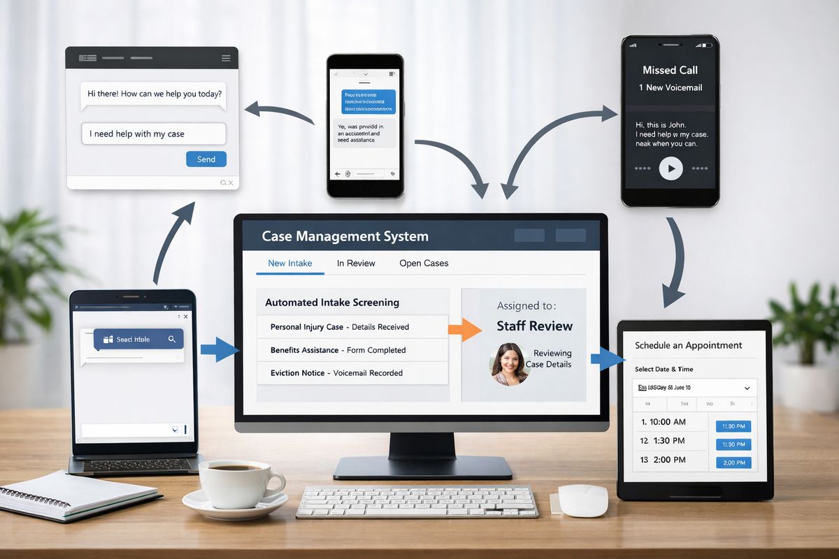 A multichannel intake workflow scene showing a website chat window, a text message thread, a missed-call voicemail screen, and an appointment scheduler all feeding into a central case-management interface, with arrows indicating handoff from automated screening to a human staff review step.
