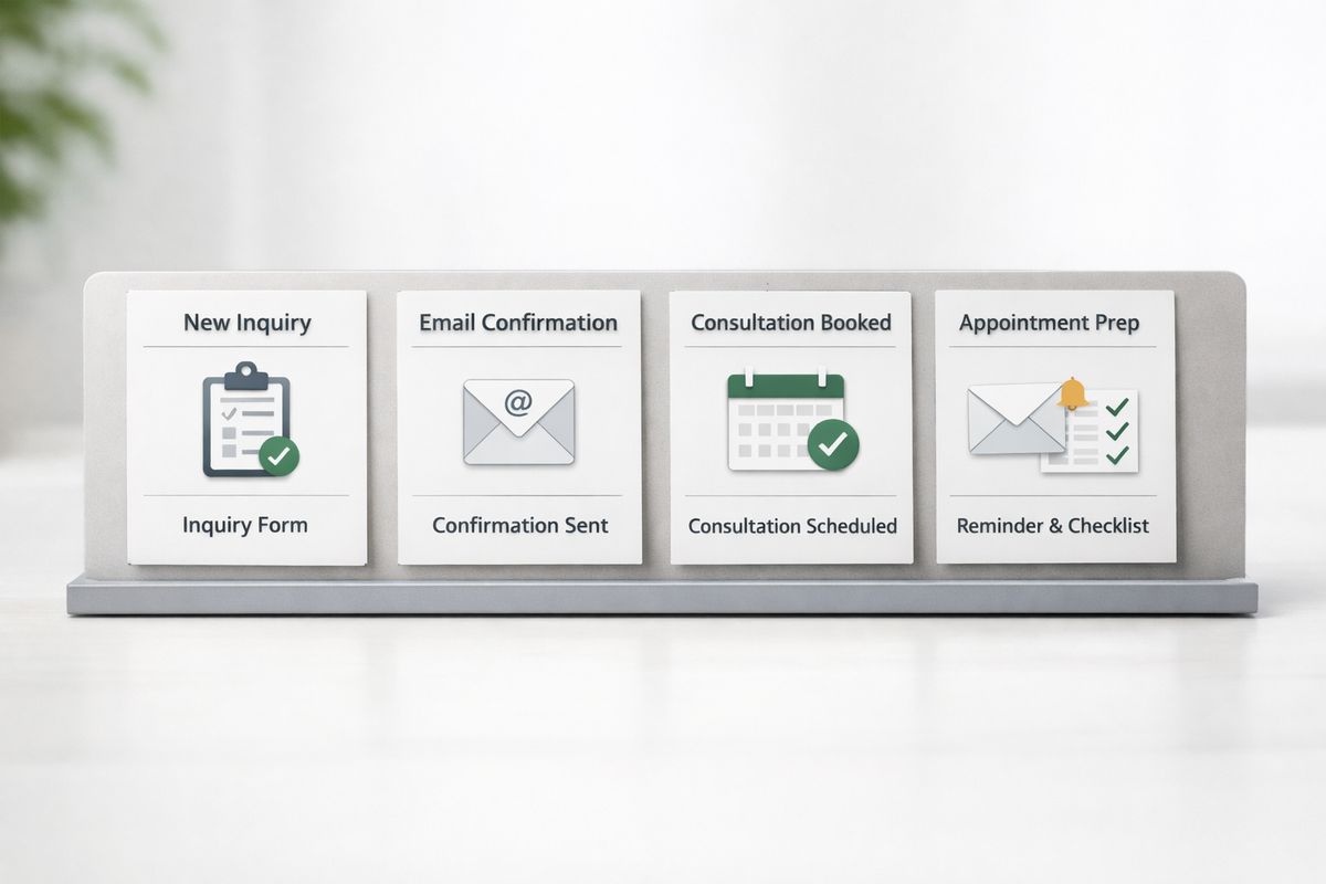 A simple workflow board with four horizontal stages represented by cards, starting with a new inquiry form, then an email confirmation, then a booked consultation calendar slot, and finally a reminder envelope and appointment checklist