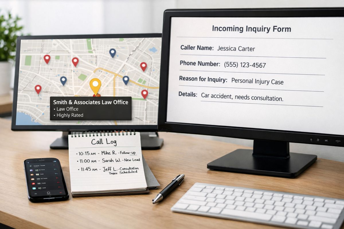 A desk setup with a phone, call log notes, and an incoming inquiry form on a screen, while nearby a map view shows local business pins and a highlighted law office location, suggesting fast lead response, local competition, and tracking where calls and inquiries originate.